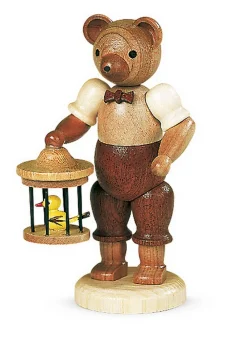 Müller Kleinkunst Miniaturen | Holzfiguren & Dekofiguren*Miniatur Teddy - Junge mit Vogelkäfig, von