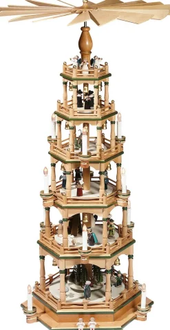 KWO Einzelstücke | Weihnachtspyramiden*Pyramide Weihnachtsgeschichte, 6 - stöckig, natur - grün, 106 cm von