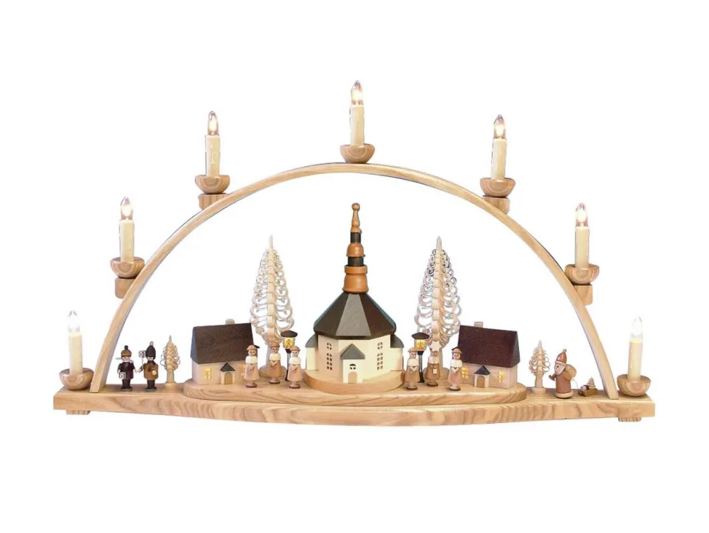 Knuth Neuber Einzelstücke | Schwibbogen*Schwibbogen Seiffener Kirche mit beleuchteter Häusern und Laternen, 67 cm von
