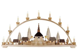 Knuth Neuber Einzelstücke | Schwibbogen*Schwibbogen Seiffener Kirche mit beleuchteten Häusern und Laternen, 80 cm von