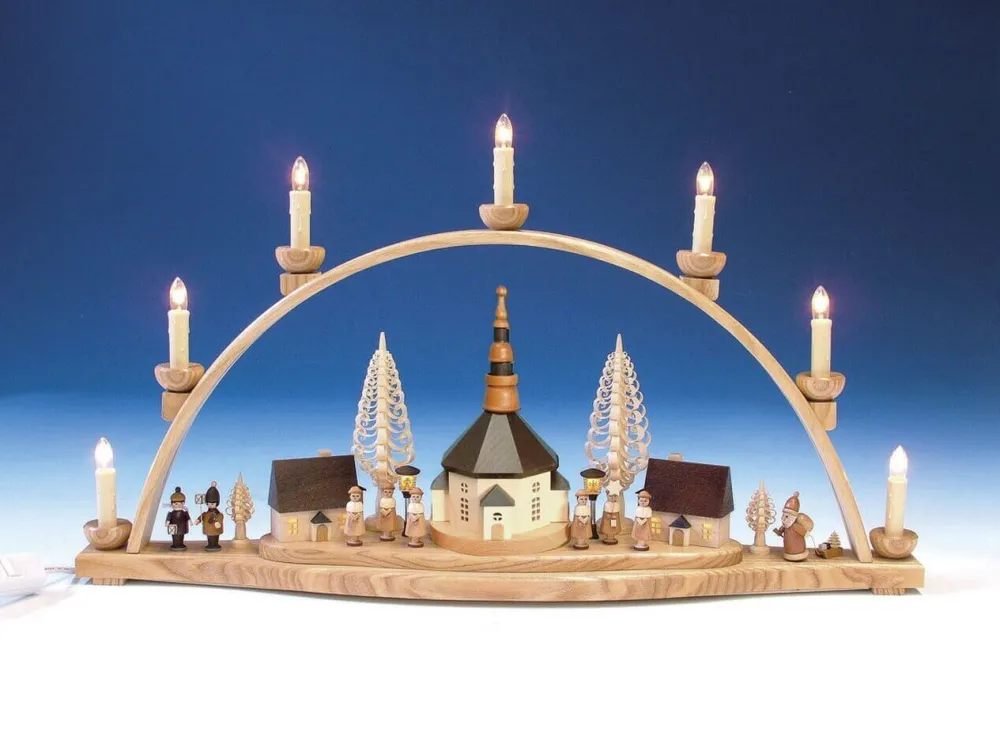 Knuth Neuber Einzelstücke | Schwibbogen*Schwibbogen Seiffener Kirche mit beleuchteter Häusern und Laternen, 67 cm von