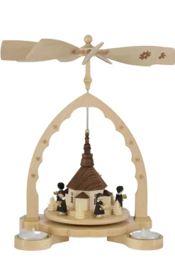 Richard Glässer GmbH Neuheiten | Weihnachtspyramiden*Weihnachtspyramide für Teelichte mit Seiffener Kirche und Kurrende von Richard Glässer